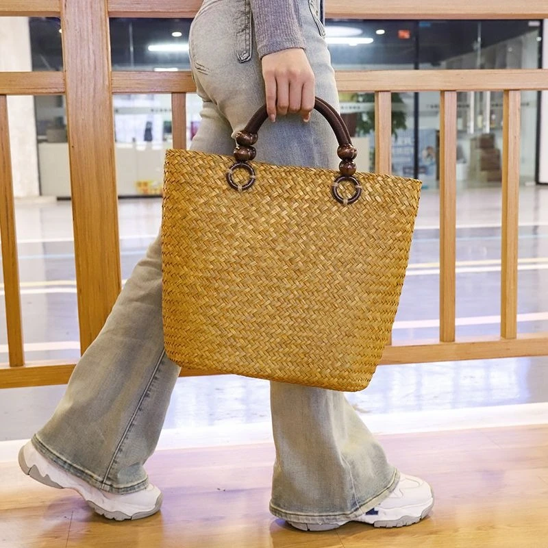 

Vintage Seagrass Rattan Tote Bag Large Capacity Handmade Shoulder Bag Beach Vacation Stylish Women Gift Simple Woven Basket