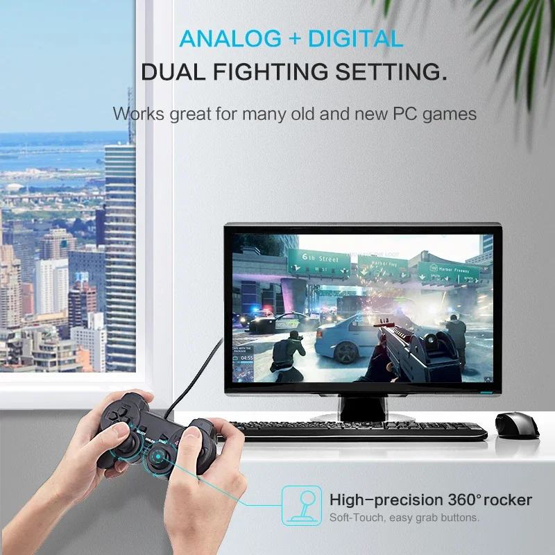 DATA FROG Controller gamepad a vibrazione USB cablato per PC/laptop Windows XP/7/8/10/Vista Joystick da gioco Nero