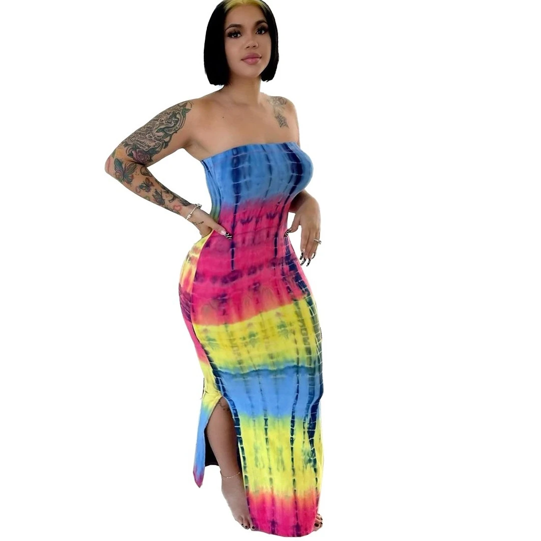 Seksowna sukienka damska z nadrukiem tie-dye, długa, jesienno-zimowa, modna, codzienna, z średnim stanem, długa spódnica bez rękawów.