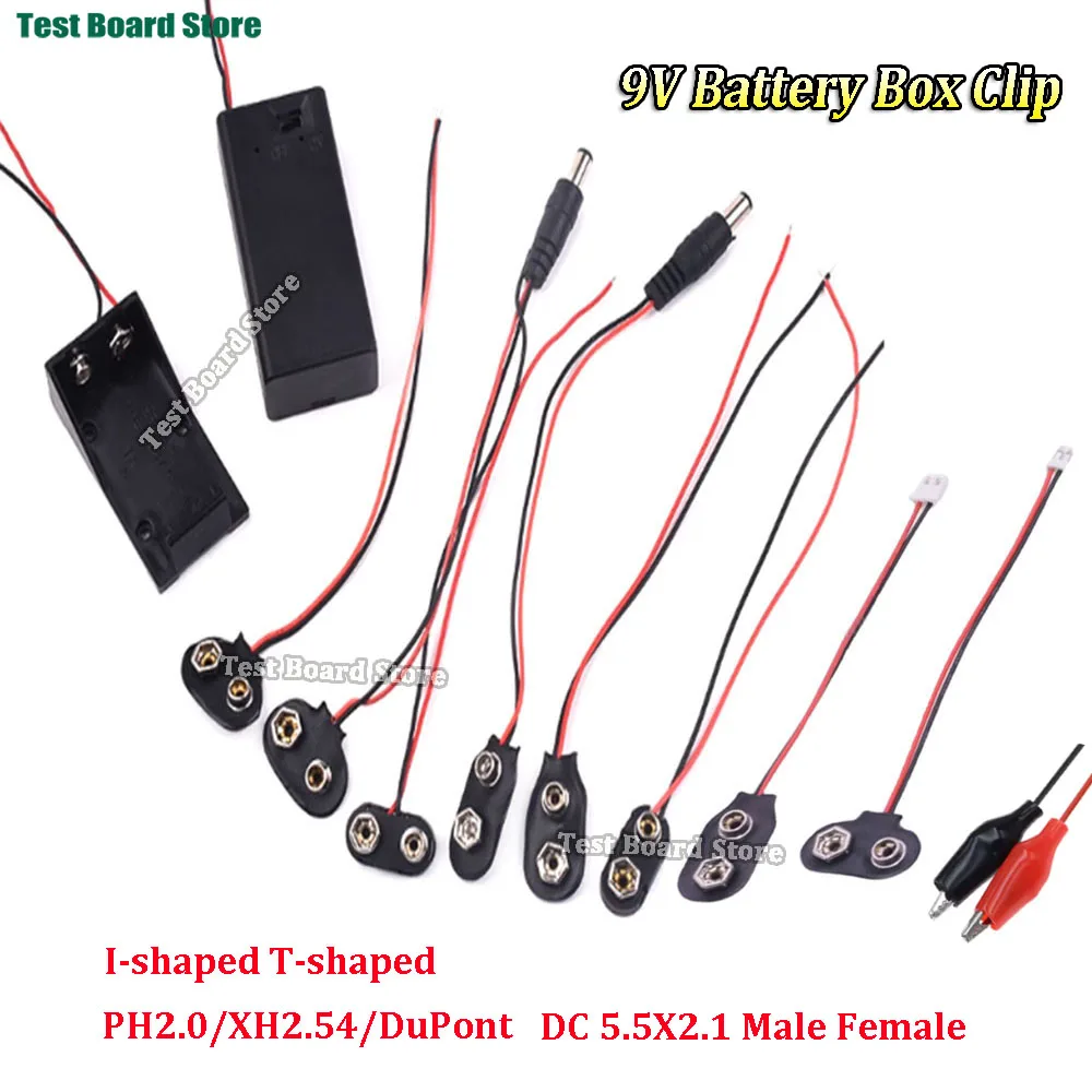 9V Battery Box Clip I-type T-shaped with PH2.0 XH2.54 DuPont DC 5.5X2.1 Male and Female Adapter Cable 9 Volt Battery Holder DIY