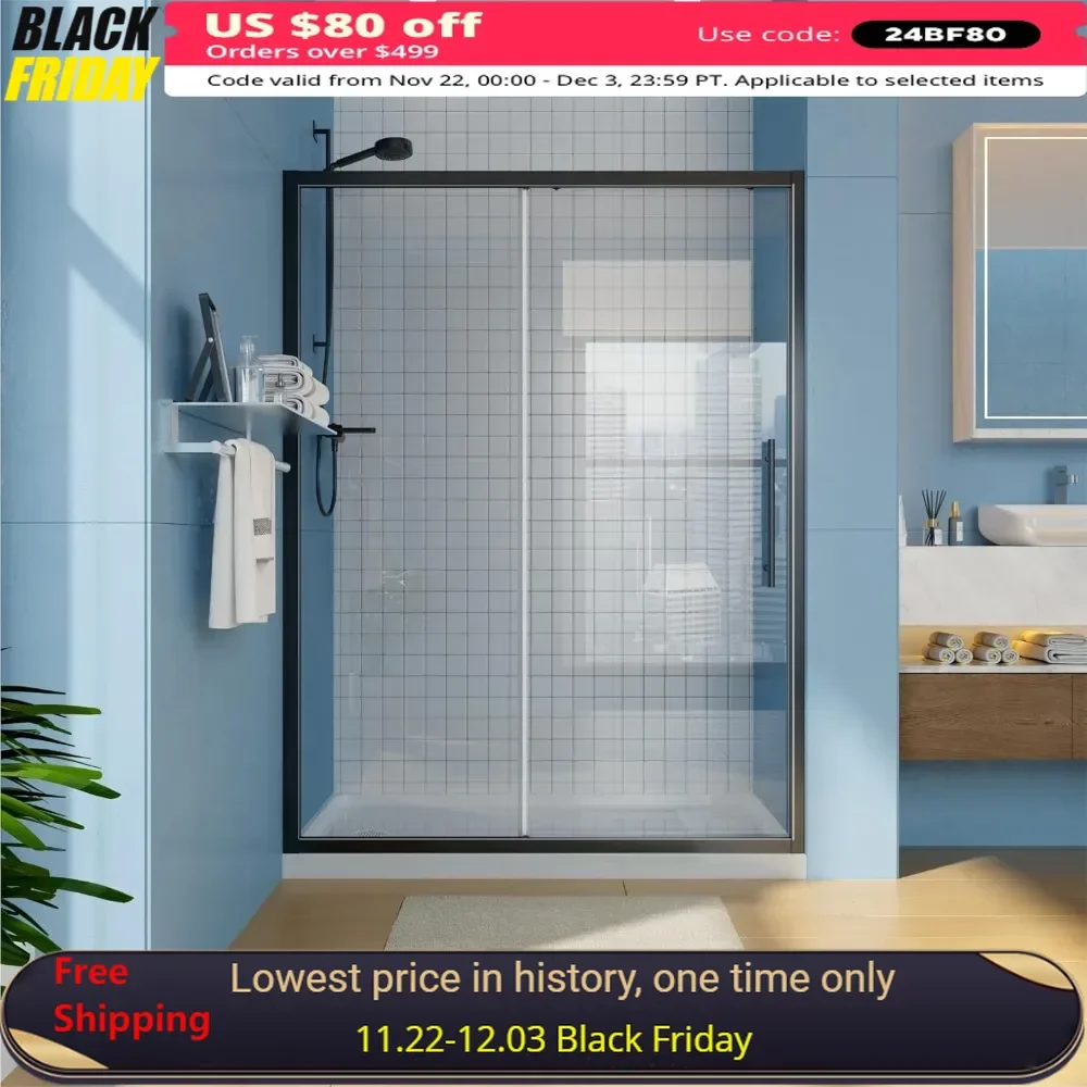 

Shower Door, 59.6“-60" W X 72" H Semi-Frameless Glass Door, 1/4" Tempered Glass Sliding Shower Door, Shower Door