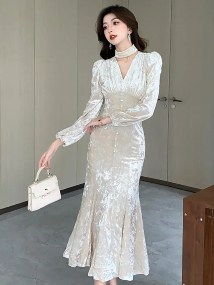 Damska Jesienna Sukienka Balowa w Stylu Francuskim z Aksamitu w Stylu Vintage, Syreni Krój, Długi Rękaw, Elegancka, Dopasowana, Wieczorowa, Vestidos Nowa