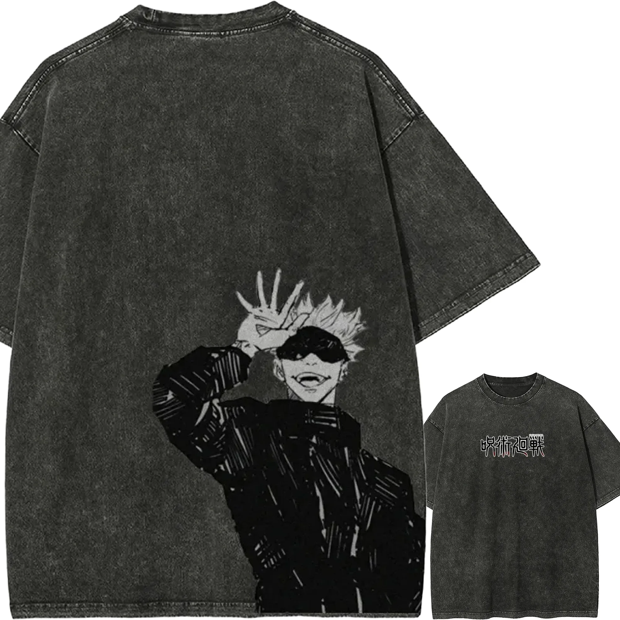 Jujutsu Kaisen T-Shirt für Herren Acid Wash Gojo Satoru Handsignal Unlimited Void Gojo Lachender Grafik-Manga-Druck