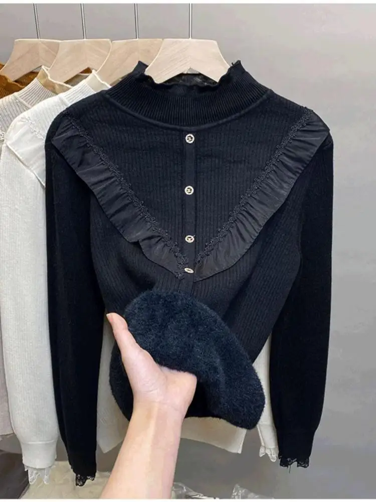 

Autumn Winter Vintage Velvet Patchwork Long Sleeves Short Knitted Sweater 2025 New Women's Round Neck Pullover Tops Versatile