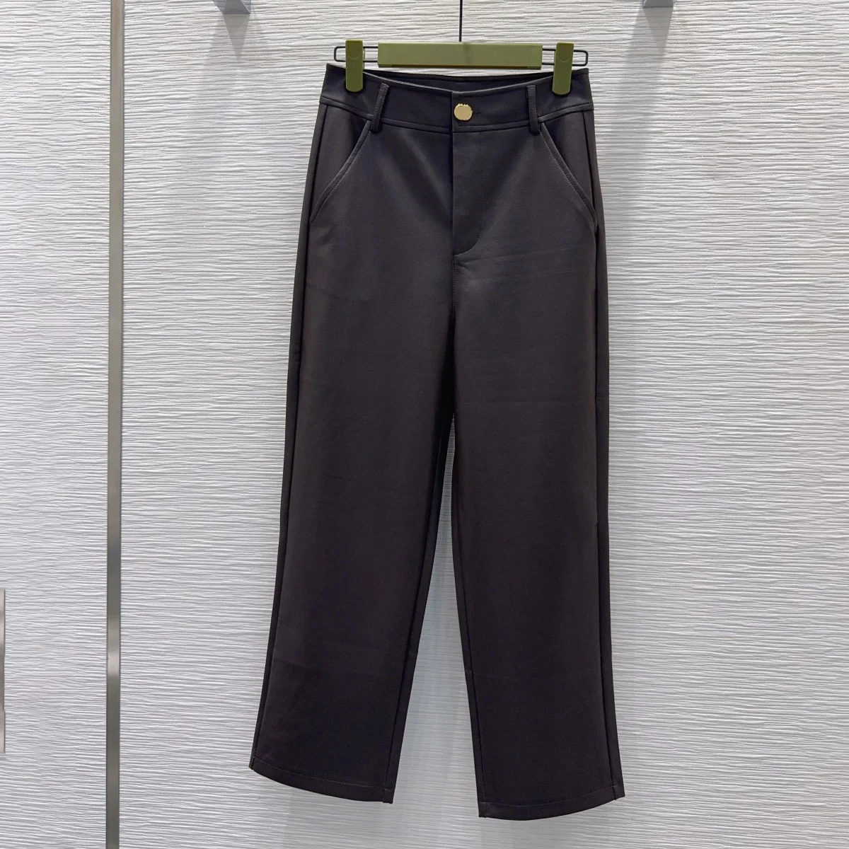 High Quality Women High Waist Straight Cropped Pants, Matte Faux Leather Gold Button Slim Casual Trousers lyt26101225