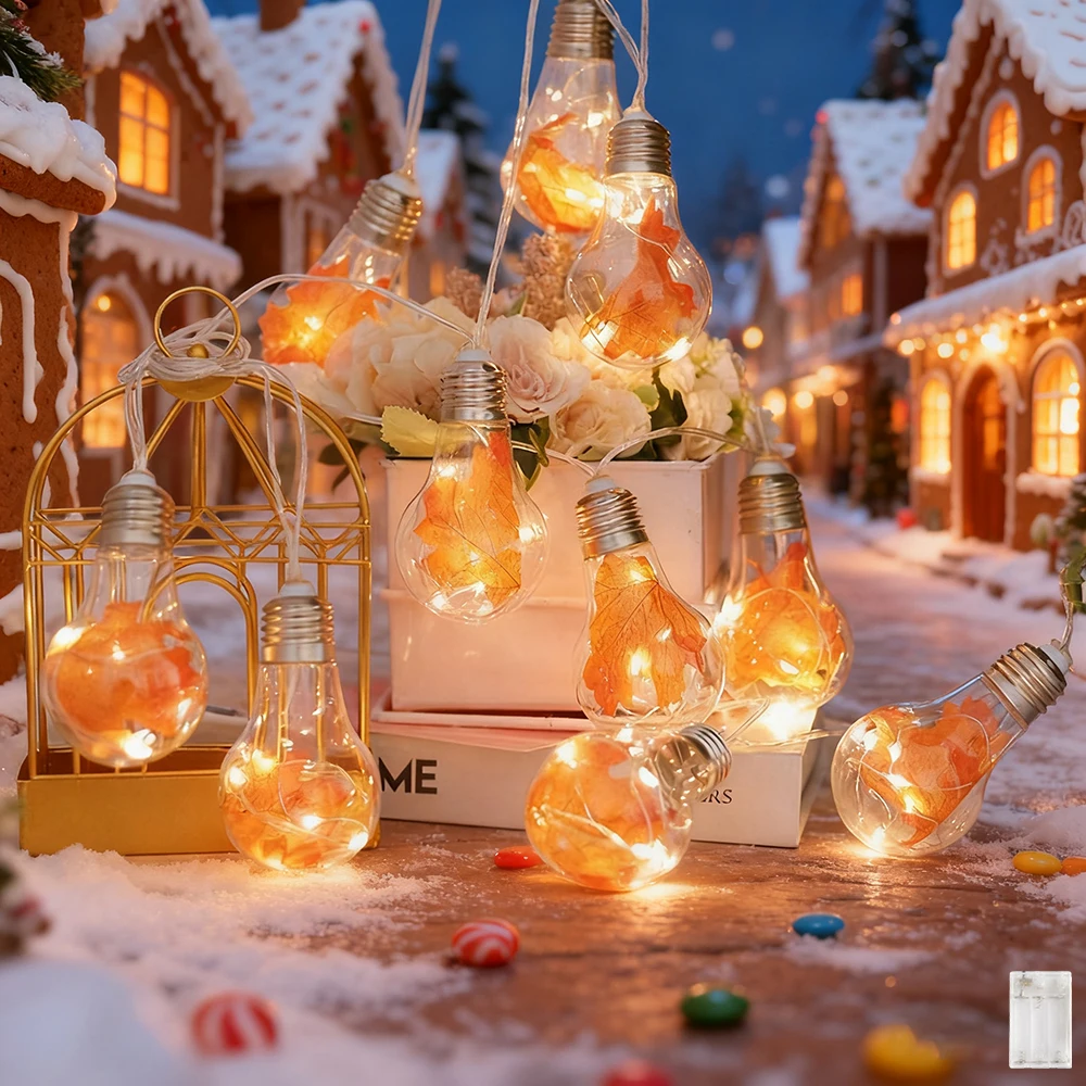 1pc Maple Leaf Copper Wire Bulbs String Christmas Lights, 10 Bulbs  Battery Operated  Warm White Clear Round Ball LED Lights