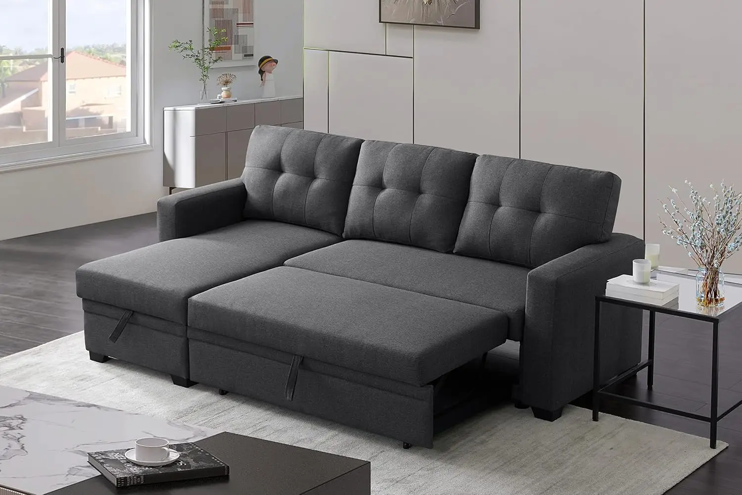 

Reversible Sectional Sofa Couch, Sleeper Sofa Bed with Storage Chaise Pull Out Couch Bed for Living RoomHidden Stroge