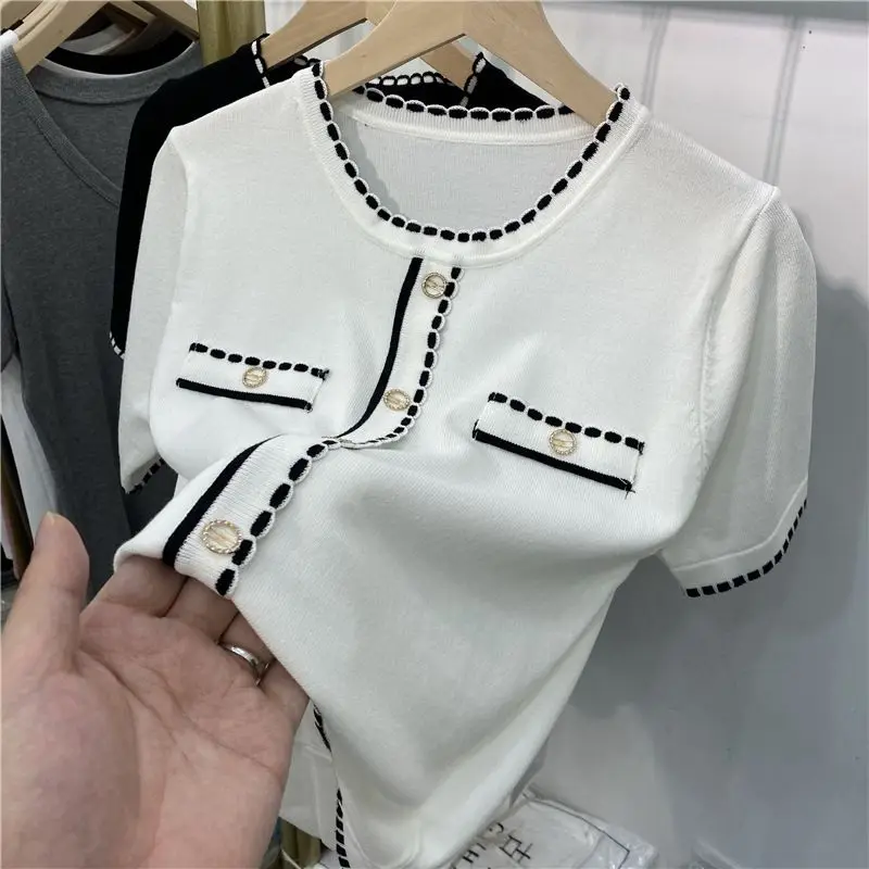 Ice Silk Knitting Casual Short Sleeve T-shirts Summer Contrast Patchwork Fashion Pullovers Tops Vintage Korean Women Clothing