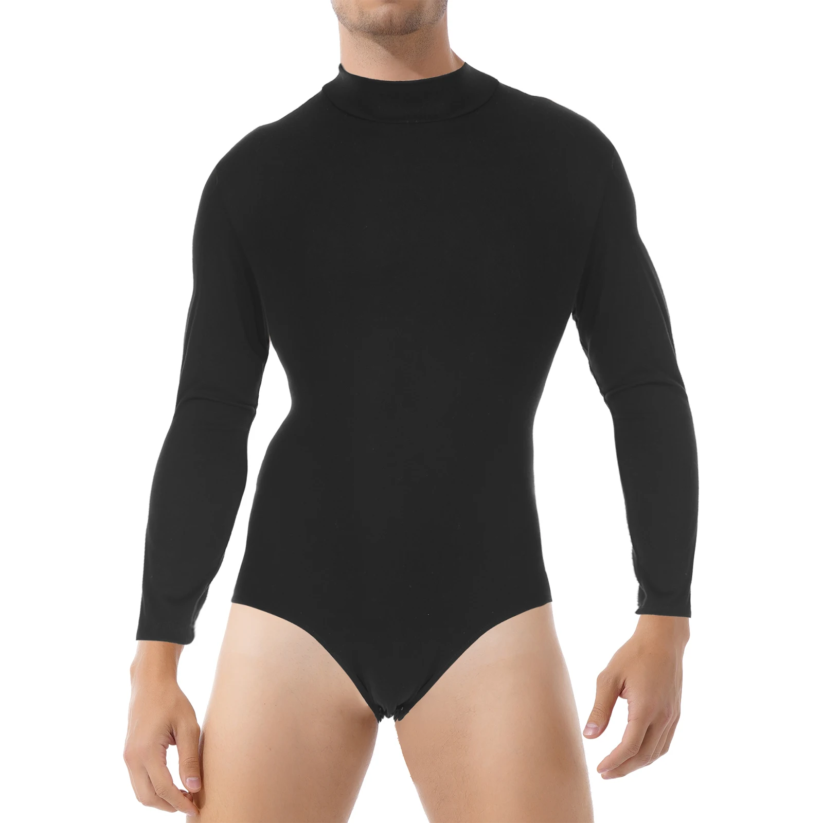 

Mens Mock Neck Long Sleeve Bodysuit One-Piece Solid Color Press Button Crotch Undershirt Casual Leotard Jumpsuit Underwear