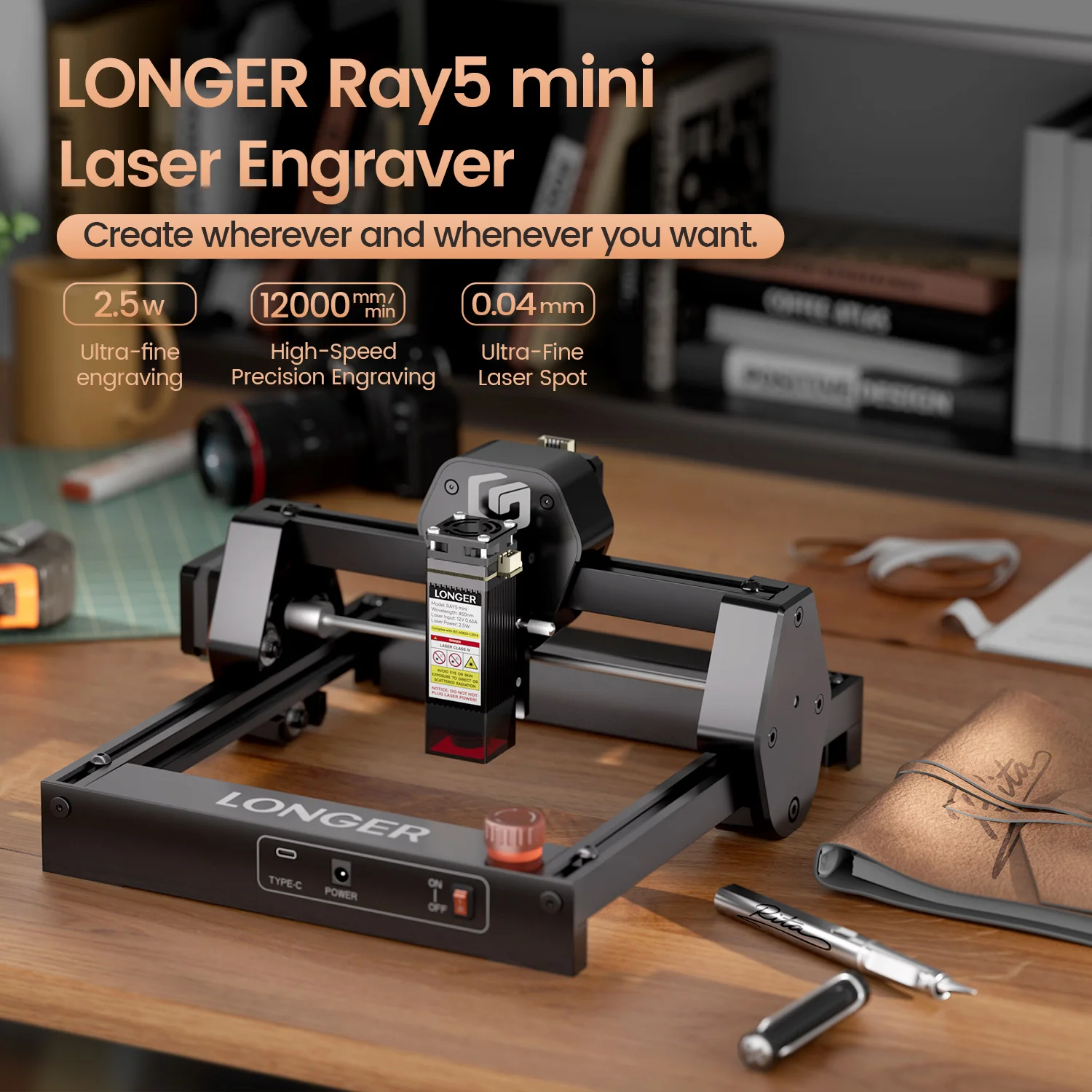 RAY5 mini 2.5W Macchina per incisione laser Incisore co2 CNC Legno Pelle Metallo Vetro Stampante portatile