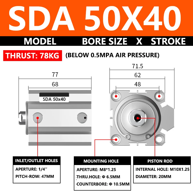 

ABILKEEN SDA50X40 Серия SDA Тонкий воздушный цилиндр 50 мм с внутренней резьбой Диаметр X 40 мм Ход Пневматический компактный цилиндр двойного действия