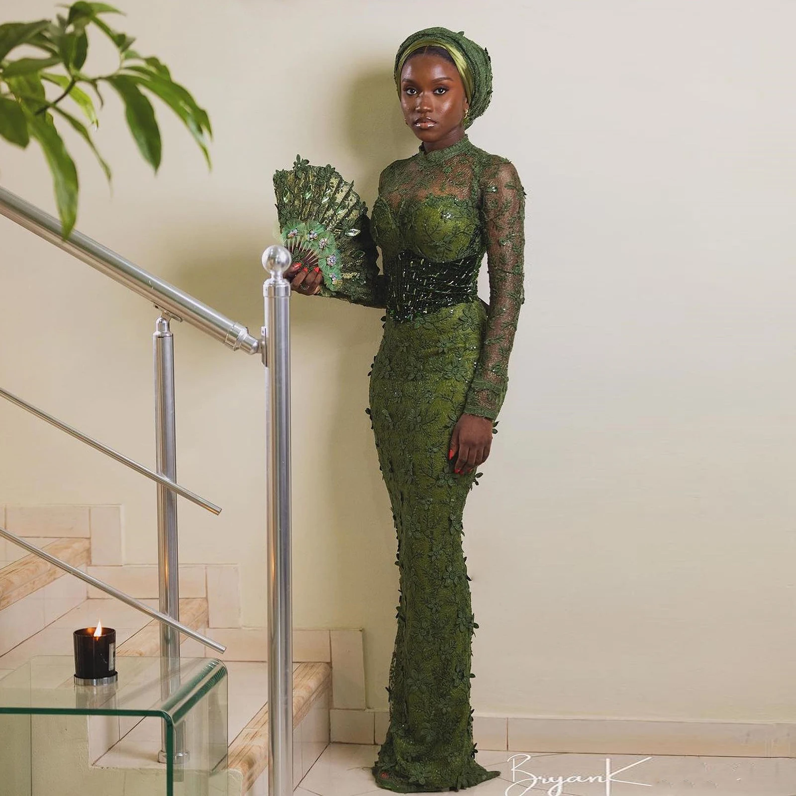 Hunter Green Exquisite Lace Aso Ebi Prom Dresses High Neck Corset African Formal Dress Elegant Nigerian Wedding Party Gown Long