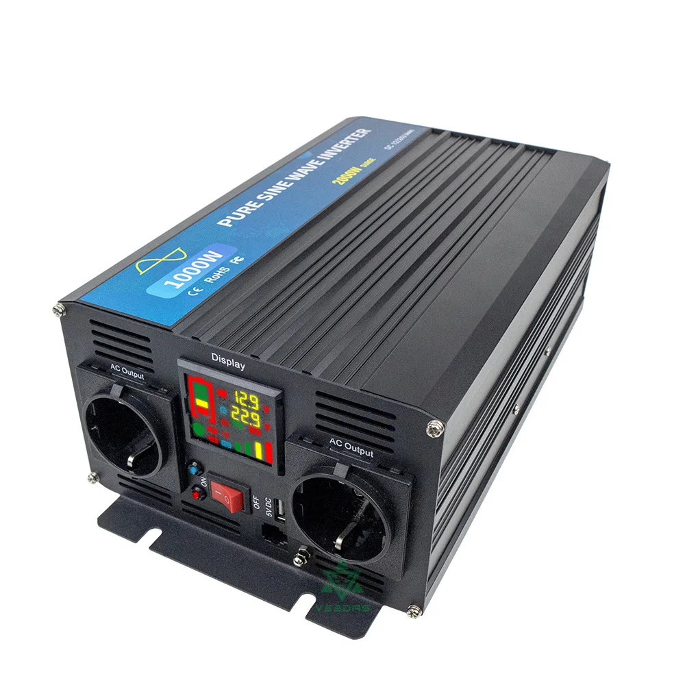 2000W Pure Sine Wave Inverter 12V 24V DC To 220VAC Converter LCD Display USB Socket For Off Grid Wind Or Solar Power System