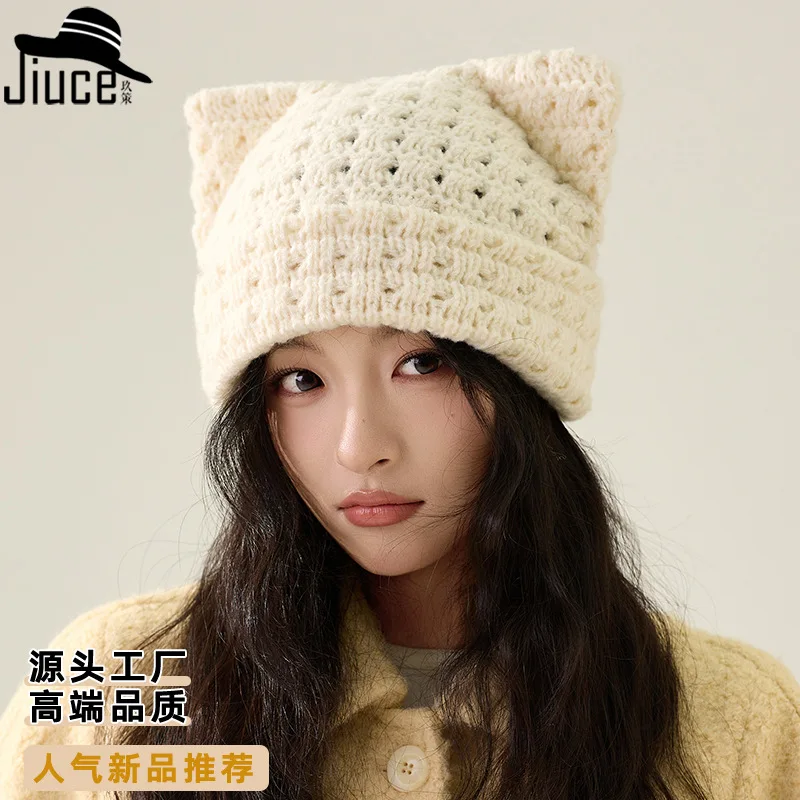 Steamed cat-ear Shaped Bread Wool Hat Brimless Cap Big Head Encircled Face Small Warm Ear Protection Knit Hats 4m615