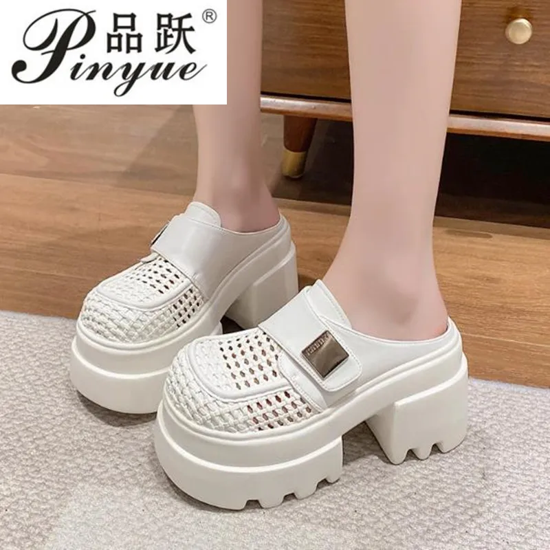 امرأة النعال الجلدية الاصطناعية الانزلاق على 10 سنتيمتر منصة صندل خشبي المرأة الصيف تنفس عالية الكعب مكتنزة النعال 34-39 #4