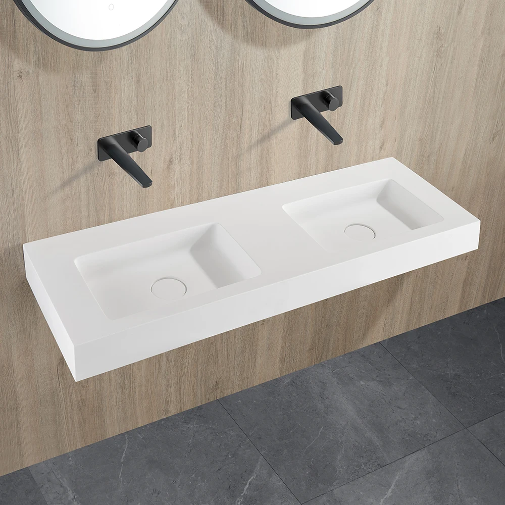 

Modern Design Solid Surface Bathroom Vanity Matte White Artificial Stone Double Wash Basin Wall-Hung For Indoor Use