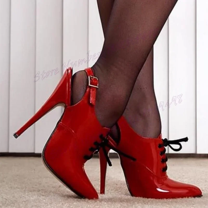 

Red Cut Heels Lace Up Pumps Pointed Toe Stilettos High Heels Shoes for Women Patent Leather Sexy Shoes 2025 Zapatos Para Mujere