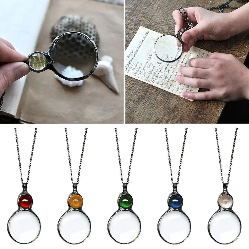 Necklace Magnifier Decorative Monocle Necklace Magnifying Glass Pendant Crystal Lock Metal Chain Necklace For Women Jewelry Gift