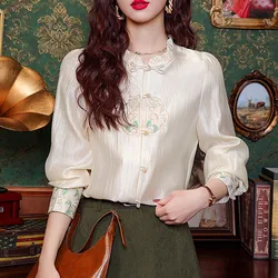 Women's Shirts Chinese Style Lantern Sleeve Elegant Temperament Embroidery Blouse Fashion Long Sleeve Ruffled Womens Tops A26