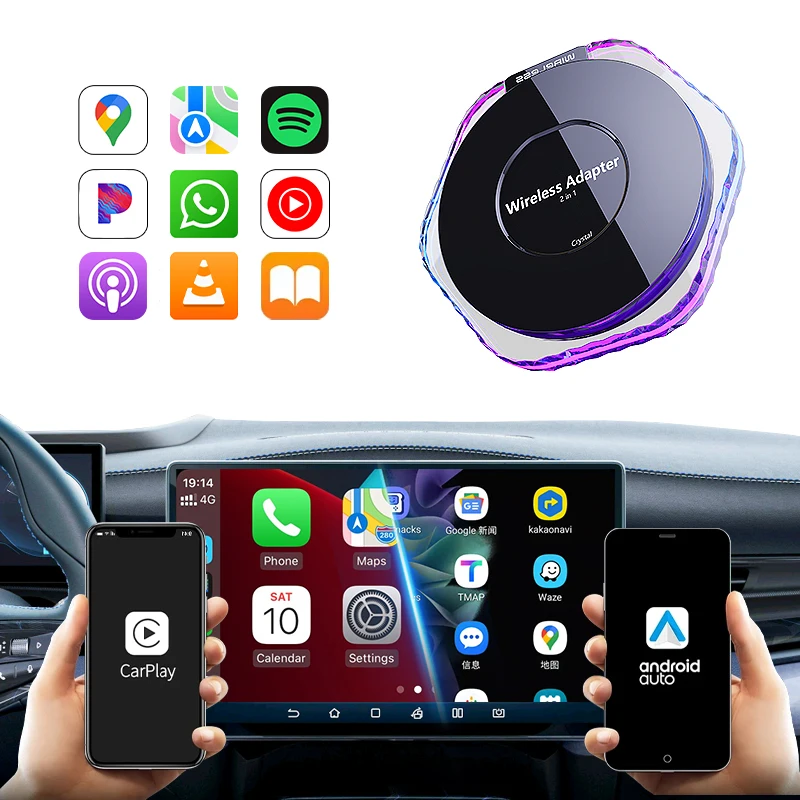 CP+AA 2-in-1 wireless carplay+wireless Android auto wired to wireless carplay crystal atmosphere light design car conversion box