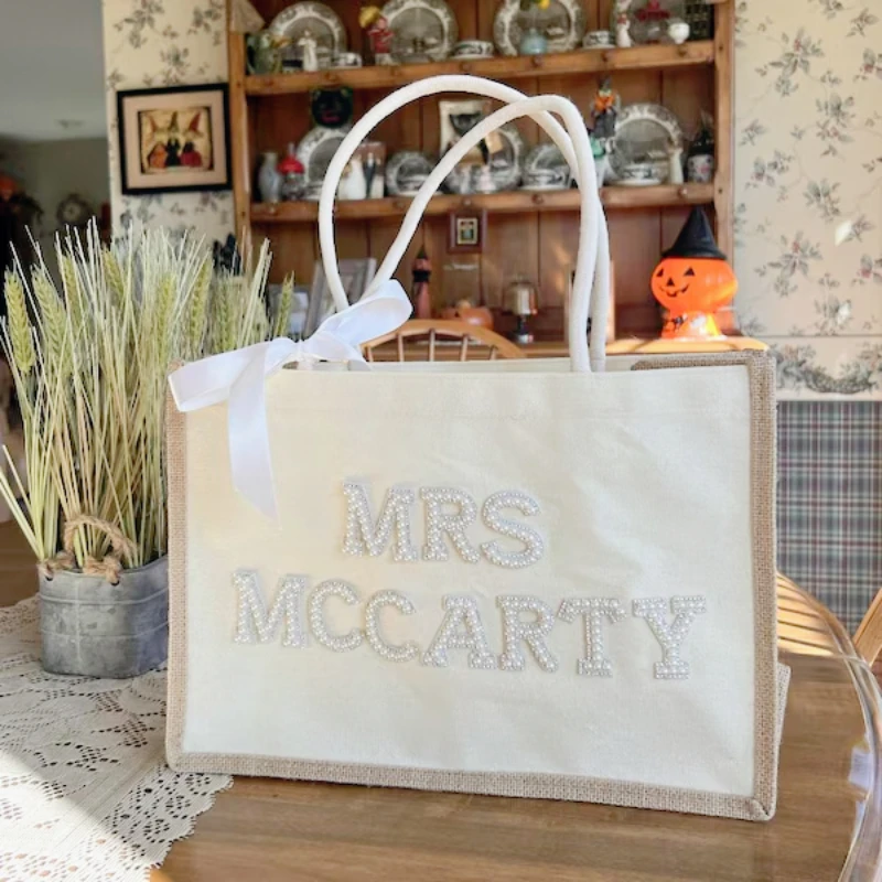 

Large Custom Mrs White Pearls Tote Bag with Bow Bridal Shower Bachelorette Honeymoon Gifts Supplies Bride To Be Accessories