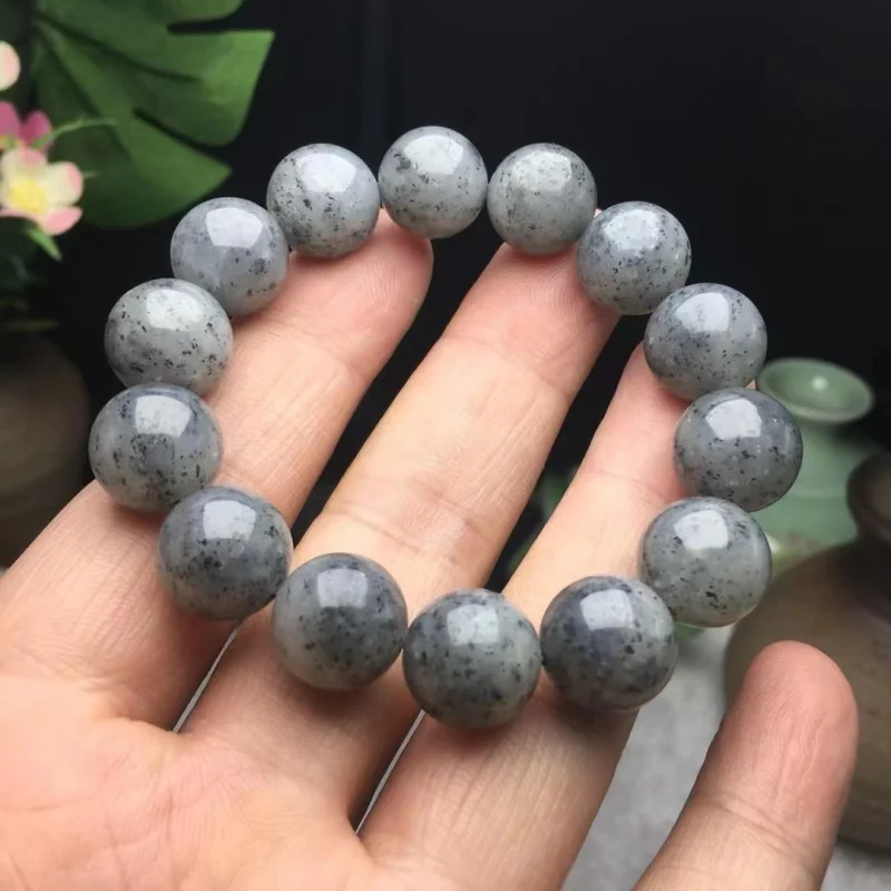 Natural Hetian Jade Blue and White Round Bead Bracelet High Oiliness