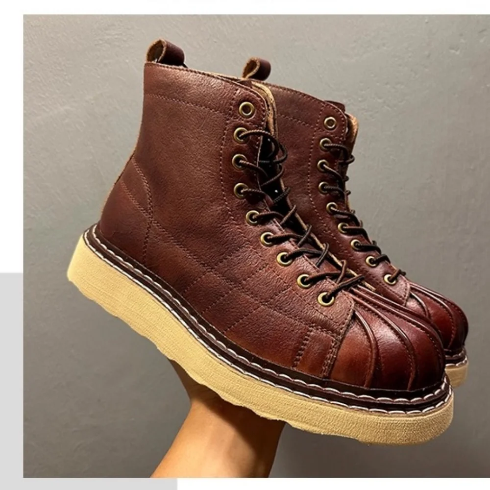QHCCID Trendy Street Style Men's Shoes Soft Bottom Cowhide Shell Toe Motorcycle Work Boots Retro High Top Short Boots