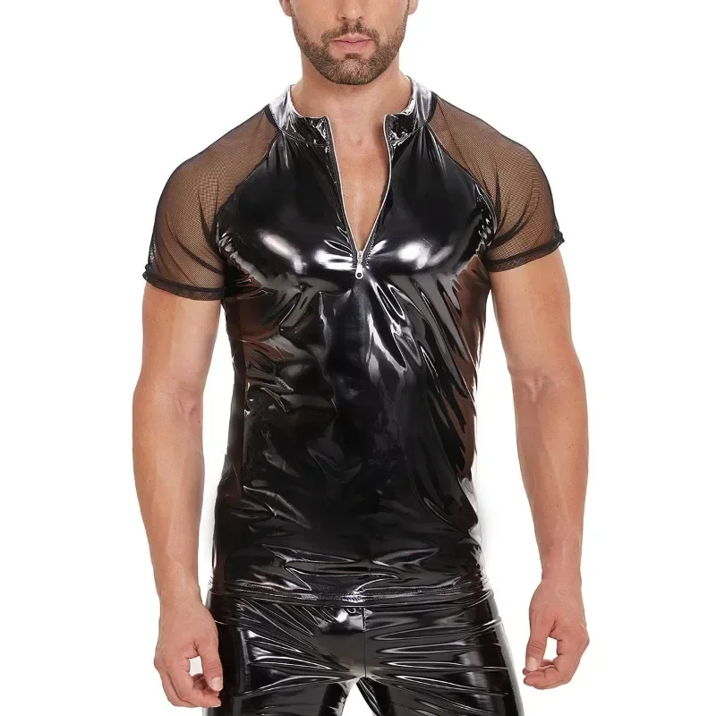 Men's Soft Patent Leather Slim Short-sleeved T-shirt Night Show Wear Stand Collar Bright Leather Elastic Tights Men