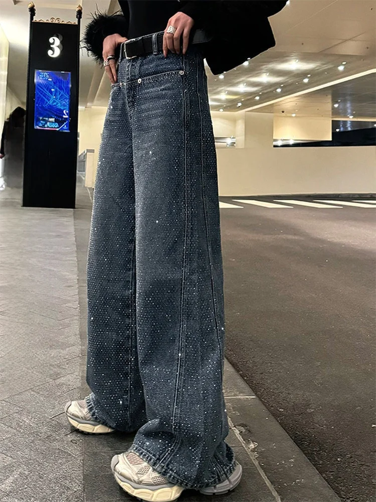 

Женские джинсы с высокой талией, прямые, широкие штанины, с декоративными элементами из страз, из плотного хлопка, повседневные, весна-осень