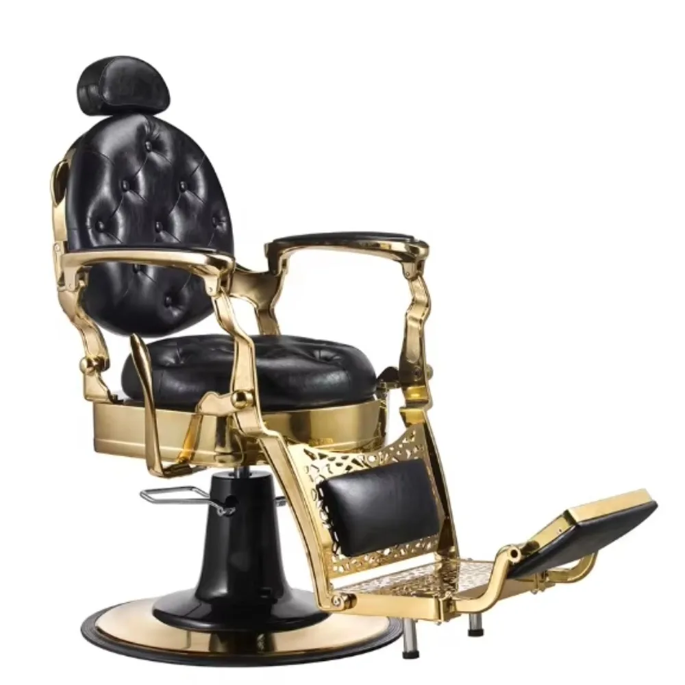 

Комфортное высококачественное парикмахерское кресло в винтажном стиле, черно-золотое, с откидной спинкой, для салонов красоты и барбершопов