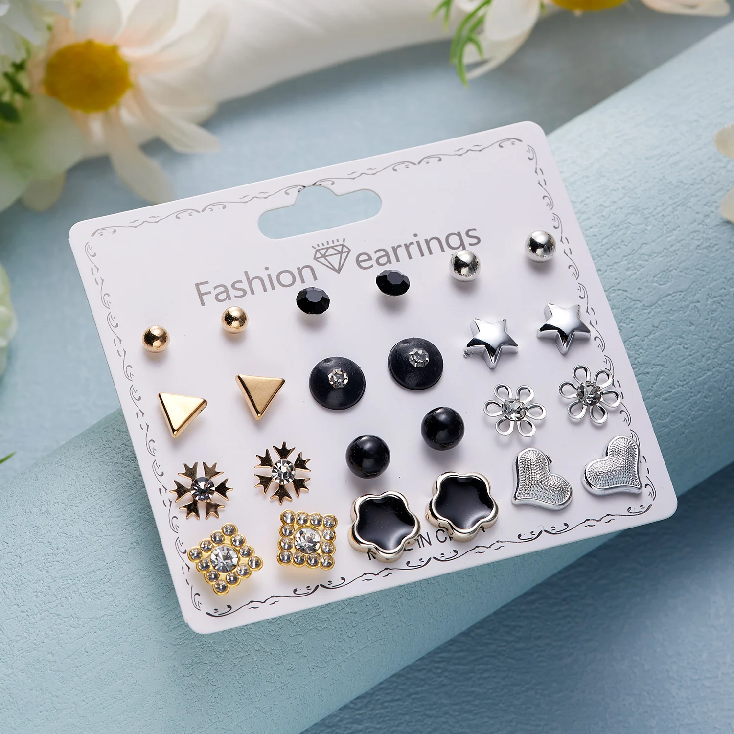 12 Pairs/Set Flower Heart Earrings Set for Women Geometric Rhinestone Simulated Pearl Piercing Ball Earring Jewelry Accessories