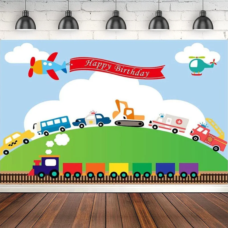 

Фон для фотосъемки: Автомобили, поезда, самолеты, машины, грузовики, для дня рождения мальчика, синее небо, белые облака, зеленый газон, баннер-фон