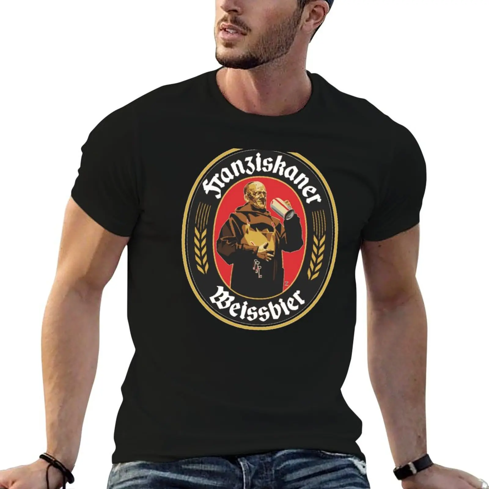 Camiseta Franziskaner-Beer, camiseta essencial, camiseta masculina, camiseta de designer, camiseta masculina de algodão pesado