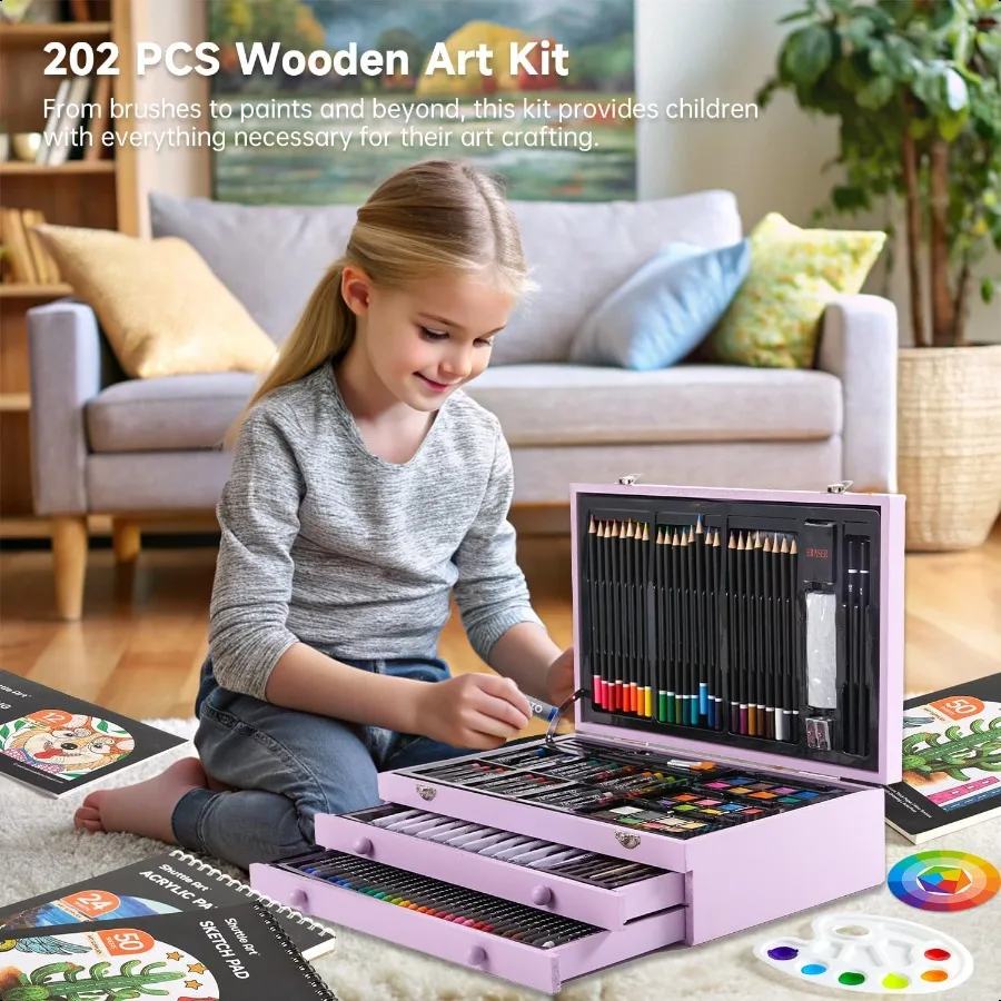 Deluxe Gift Art Kit 202Piece Wooden Art plies Set with 4 Drawing Pads Canvases Coloring Sheets Acrylic Paint Crayons Oil Pastel