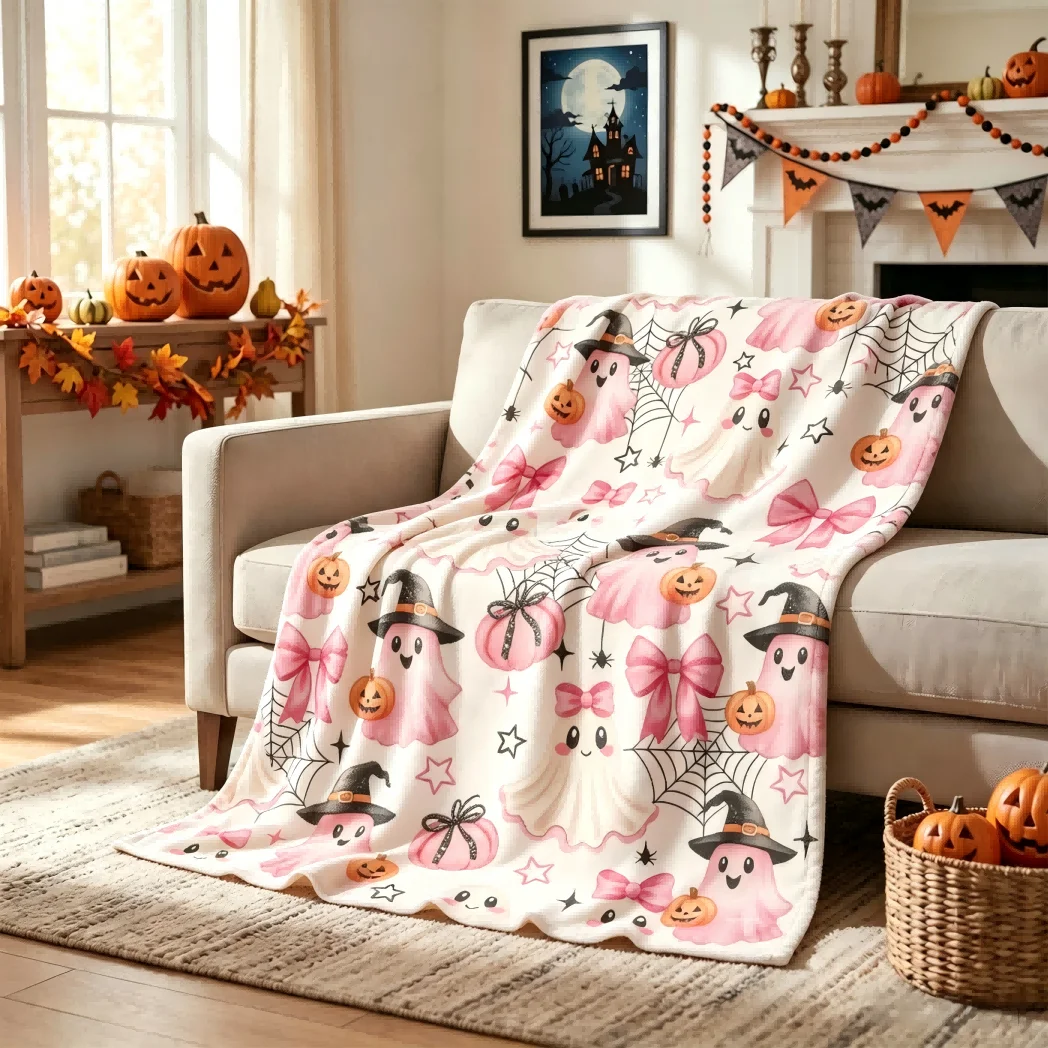 1pc Cute Ghost Cobweb Witch hat Blanket Gifts Halloween X-mas Flannel Blankets Women Men Festival Decoration Four Season Use