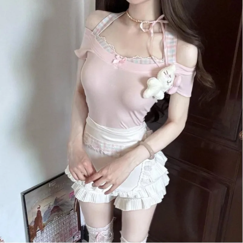 

Sweet Girl Two Piece Set Summer Women Kawaii Off Shoulder Bow Top with Ruffled Pleated Mini Skirt Cute Japan Fairycore Outfits