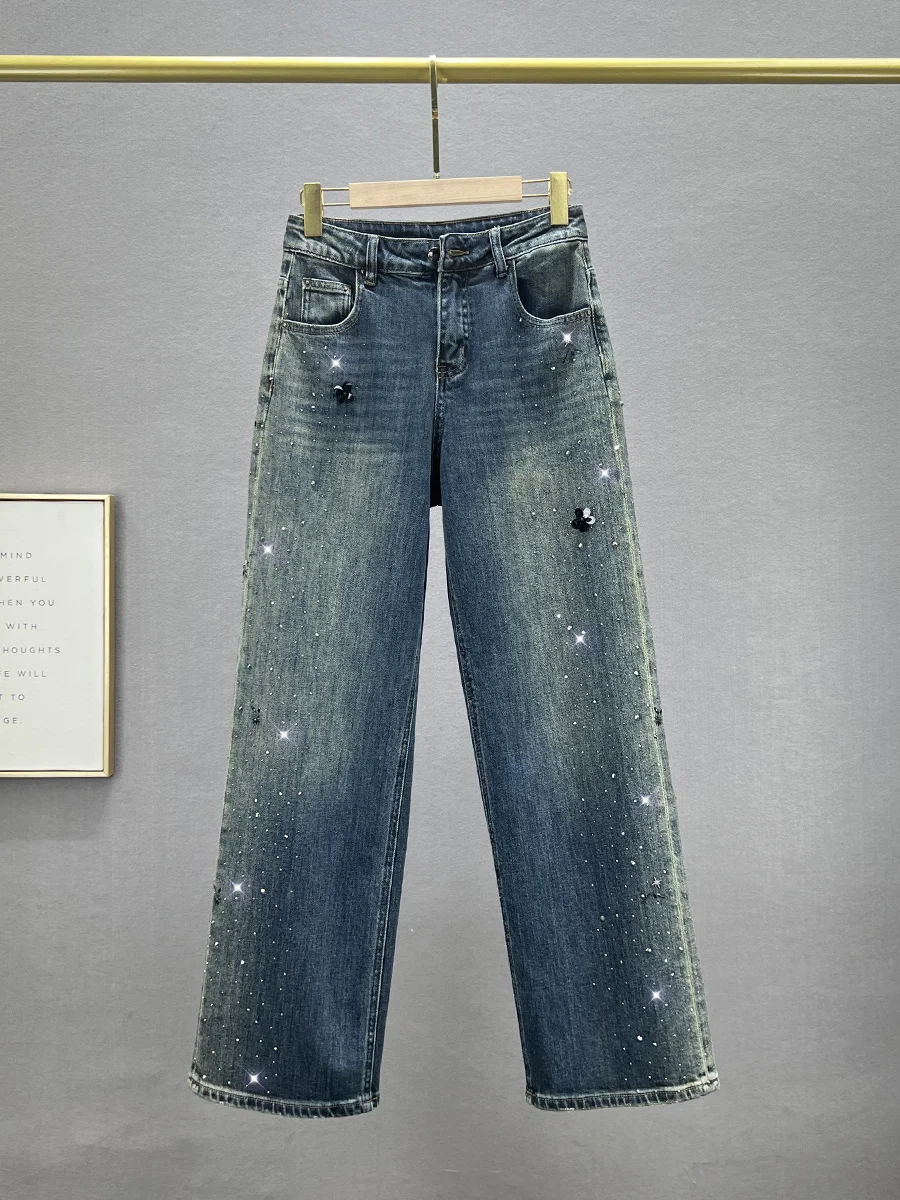 

Джинсы с высокой талией и широкими штанинами, женские, модные, новинка осени 2024, свободные, стройнящие, прямого кроя, длинные брюки, деним, синие, износостойкие