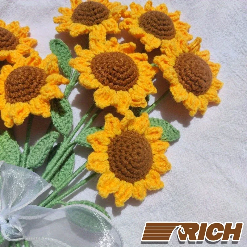 1-24Pcs Sunflower Hand Woven Bouquet Creative Wool Knitting Flower Sunflower Decorations Teachers Day Mother S Day Birthday Gift