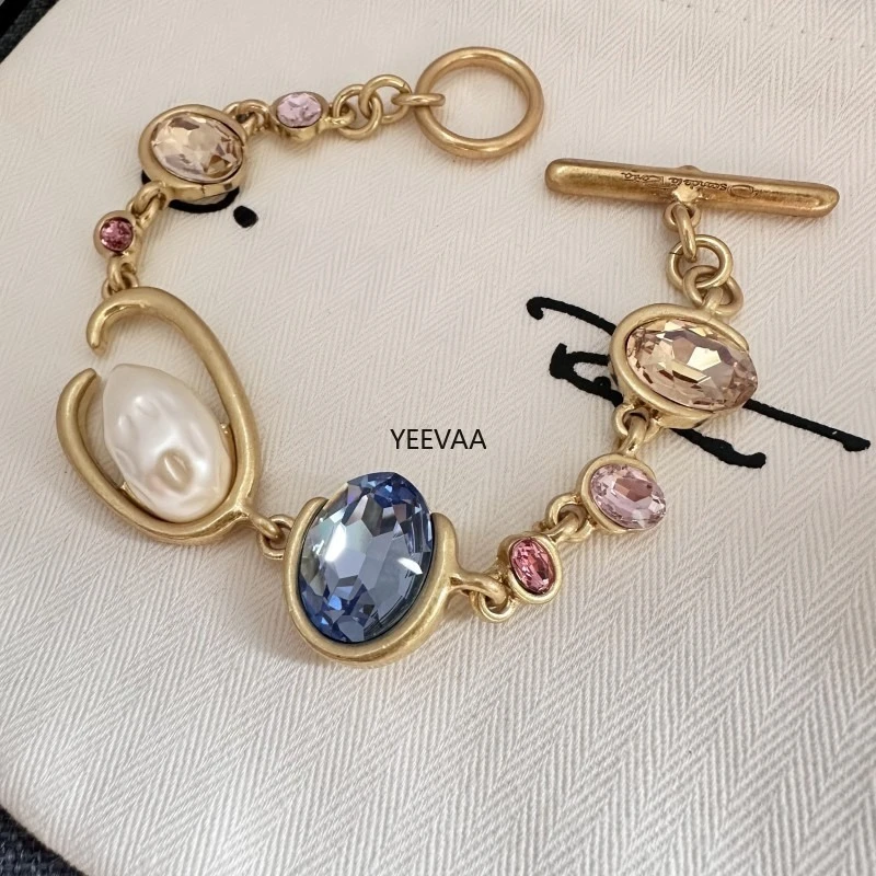 

YEEVAA Vintage Gold Tone Multicolor Crystal & Baroque Pearl Toggle Bracelet, Retro Gemstone Link Bracelet for Women Jewelry Gift