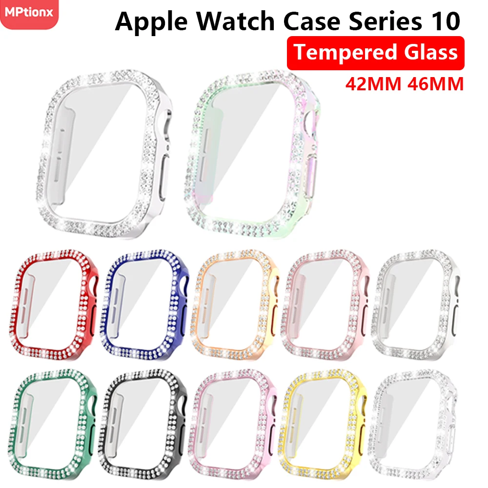 Bling Glass e Capa para Apple Watch, Diamond Case, Hard PC Bumper, Protetor de Tela, Série iWatch 10, 42mm, 46mm, 10 Acessórios