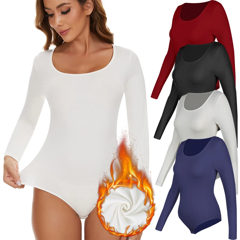 Thermal Underwear Tops for Women Scoop Neck Keep Warm Bodysuits Cotton Fleece Lined Cold Winter Heating Fiber Bottoming Shirt