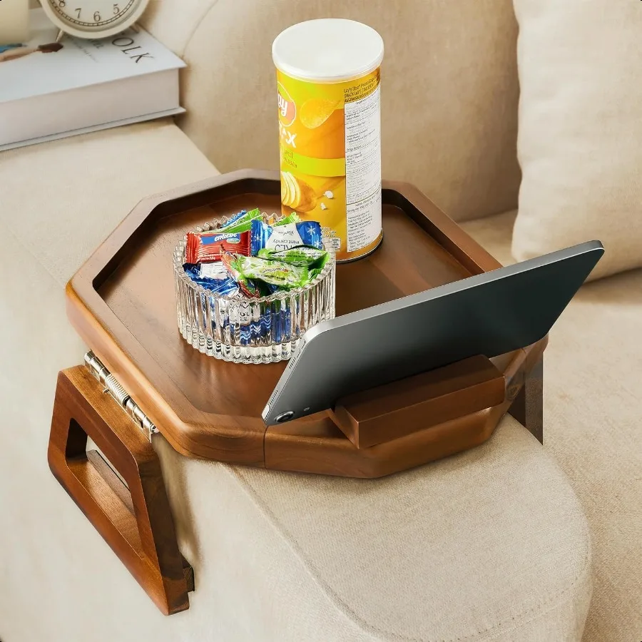 

Acacia Couch Arm Table with Phone Holder Wooden Sofa Armrest Tray Octagon Clipon Tray for Wide Couch Side Table for Eating Drin