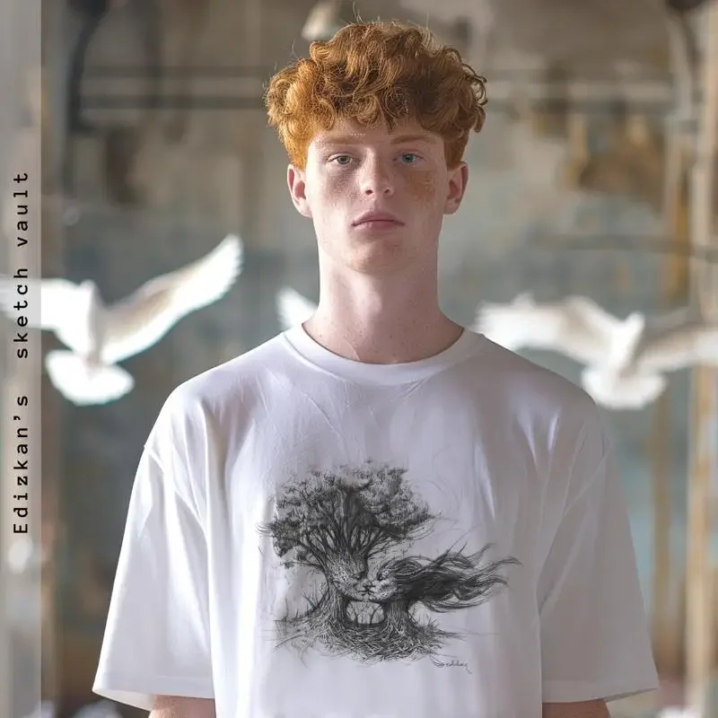 Punicea Fantasy Tree T Shirt Hand Drawn Nature Art Embracing Trees Design Unique for Lovers Ferhat Edizkan Artwork