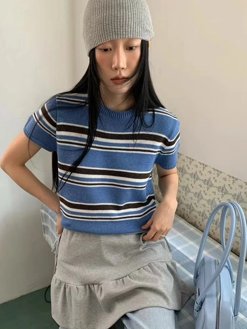 Slim Fit Striped Short Sleeve round Neck T-Shirt Women's Summer New Style Versatile Korean Version Commute Style Knitted Top