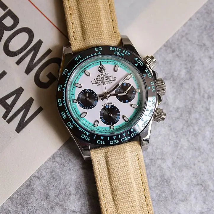 OKPLAY Men Chronograph Watch Pilot 39.5mm Quartz Wristwatch Sapphire Mirror Luminous 100M Waterproof VK63