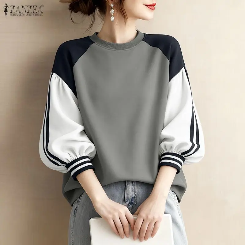 

ZANZEA модные контрастные цвета толстовки женские повседневные с круглым вырезом в полоску с рукавами-фонариками лоскутный пуловер топ осенняя женская одежда