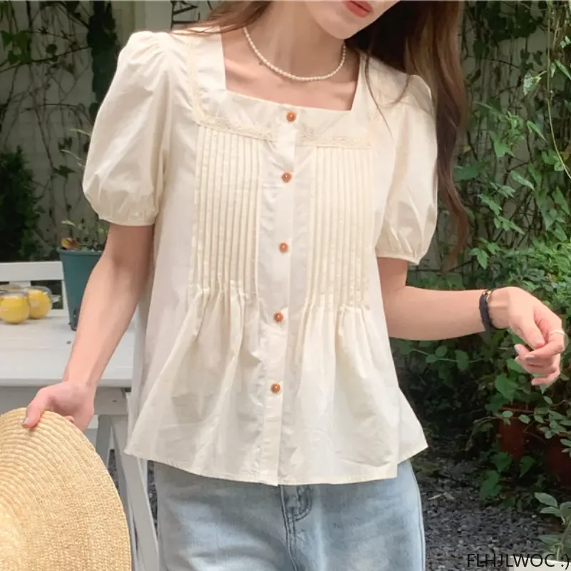 

Хлопковые топы с оборками, Blusas 2021, женские летние милые милые японские стильные однобортные короткие рубашки на пуговицах для девочек в стиле ретро