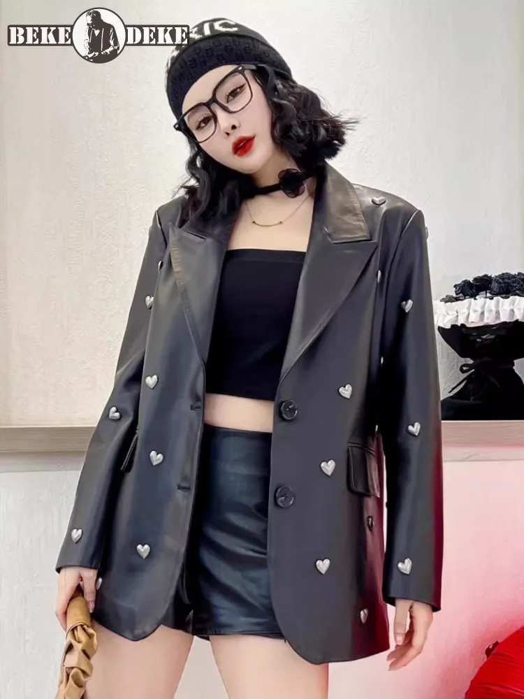 

Women Fashion Genuine Leather Jacket Spring Long Sleeve Single Breasted Punk Casual Heart-Shaped Rivets Black Sheepskin Coats