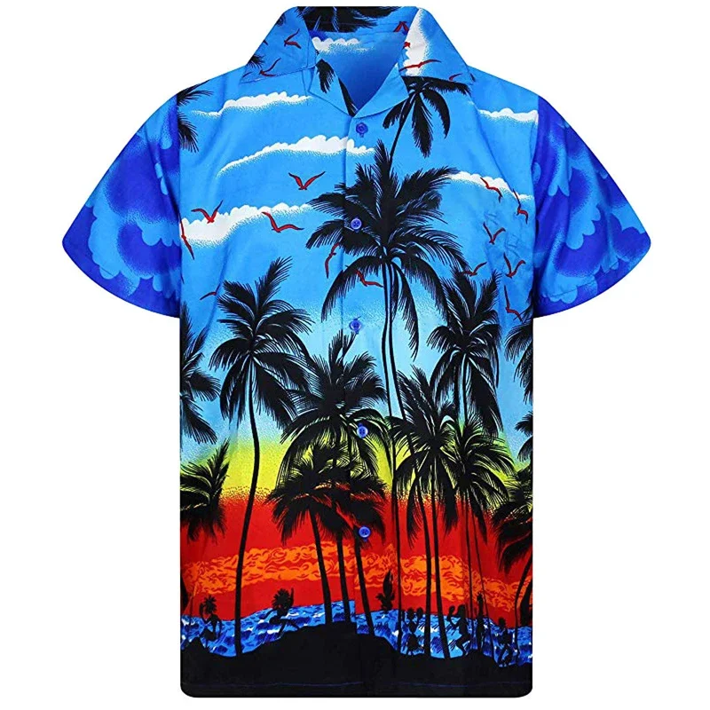 

Hawaiian Shirt Men 5xl Loose Shirts Men Fashion Palm Tree Printed Beach Wear Top Single Breasted Cuban Collar Shirt