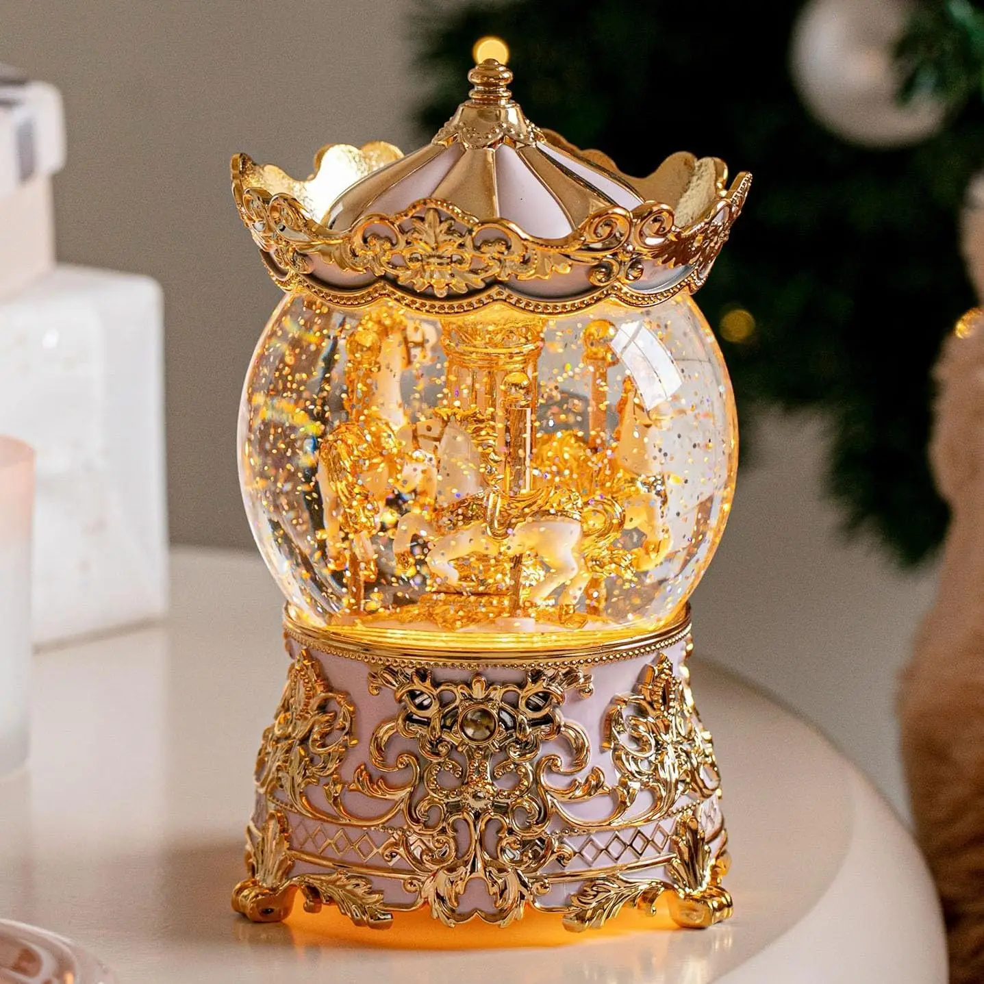 Pink Princess Unicorn Carousel Musical Snow Globe Music Box, Birthday Gift for Girls, Women, Kids, Daughter, Mom, and Grandma